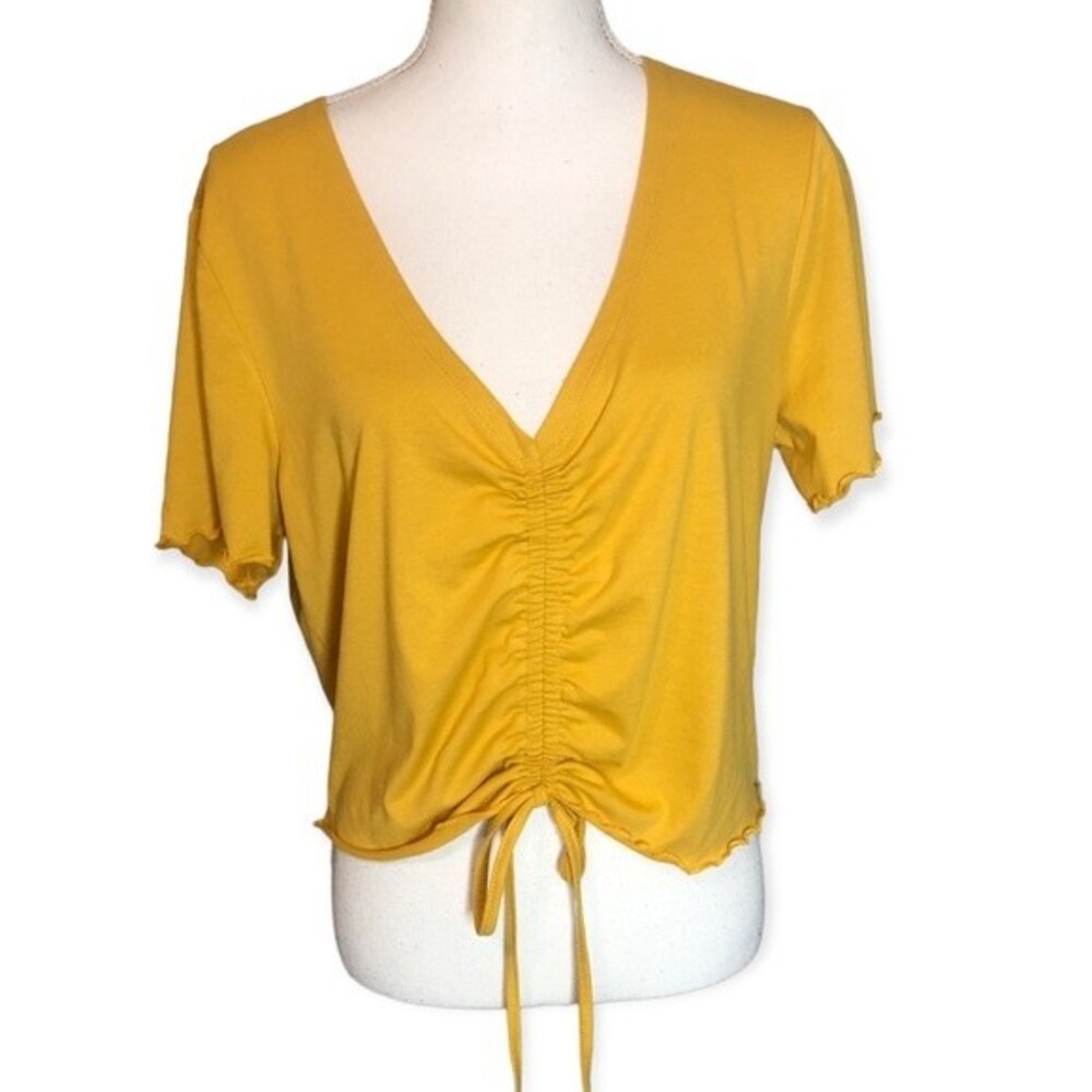 SHEIN Curve Mustard Drawstring Front Short Sleeve Blouse